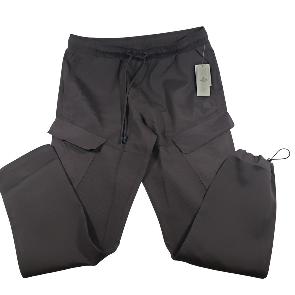 Saints Studio Mens Cargo Pants Chocolate Brown Ribbed Elastic Waist Drawstring L